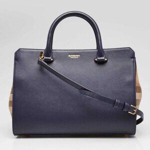 Burberry Dark Canvas Blue Leather Vintage Check Small Banwell Bag